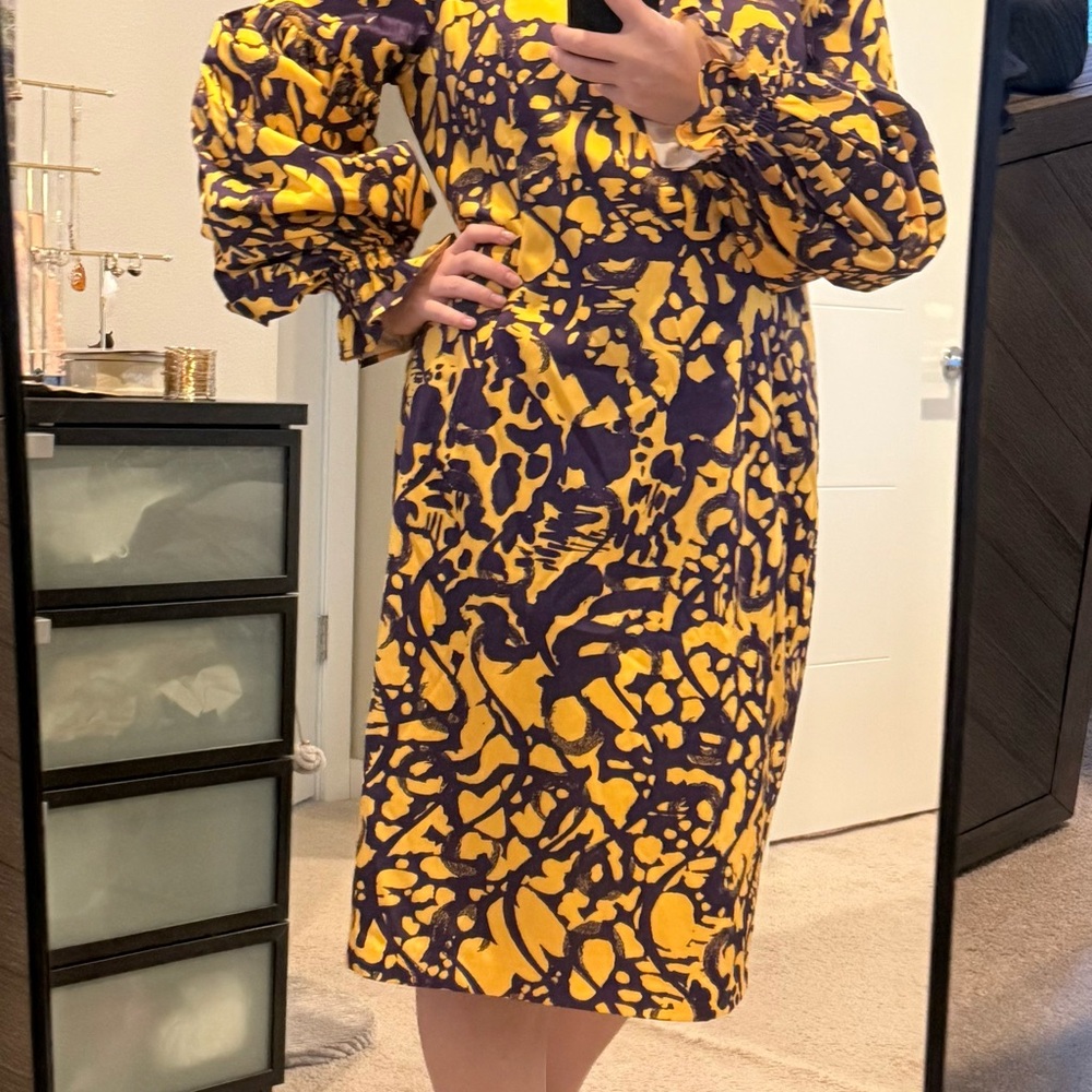 Ashro Yellow and Dark Purple Printed Midi Dress